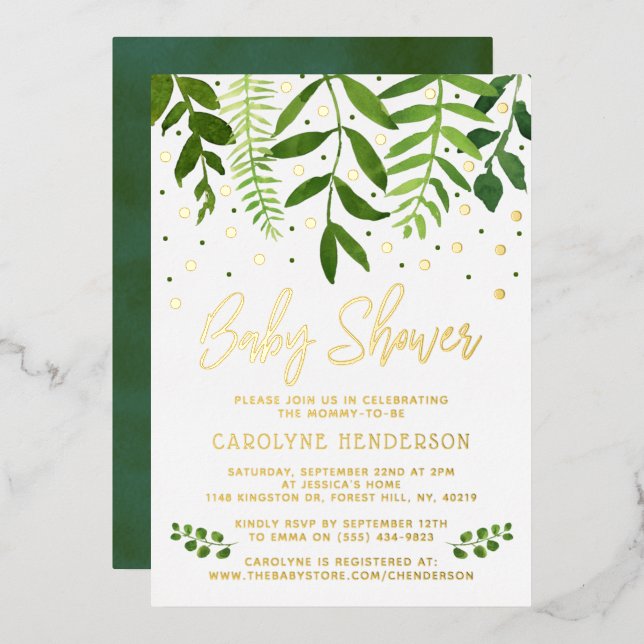 Invitación Con Relieve Metalizado Moda simple verde y oro Baby Shower real (Anverso/Reverso)