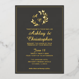 Invitación Con Relieve Metalizado Moda Slate Gray Leaf Monograma Boda de fotografía 