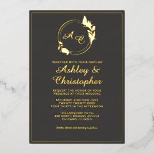 Invitación Con Relieve Metalizado Moda Slate Gray Leaf Monograma Boda de fotografía