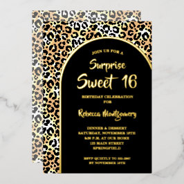 Invitación Con Relieve Metalizado Moda Sweet 16 Leopard Print Birthday Gold