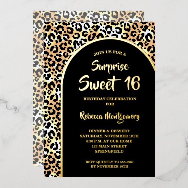Invitación Con Relieve Metalizado Moda Sweet 16 Leopard Print Birthday Gold (Anverso/Reverso)