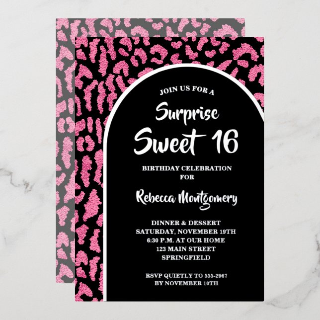 Invitación Con Relieve Metalizado Moda Sweet 16 Leopard Print Birthday Gold (Anverso/Reverso)