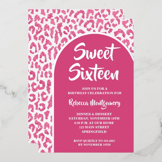 Invitación Con Relieve Metalizado Moda Sweet 16 Leopard Print Birthday Silver (Anverso/Reverso)