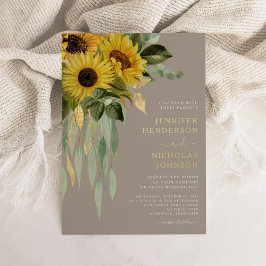 Invitación Con Relieve Metalizado Moda Taupe Boda Floral Oro