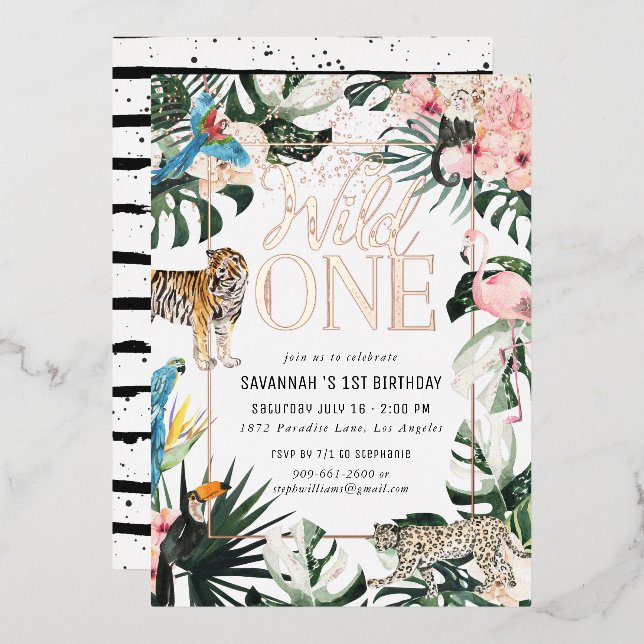 Invitación Con Relieve Metalizado Moda tropical | Fiesta de cumpleaños de Pink Wild (Anverso/Reverso)