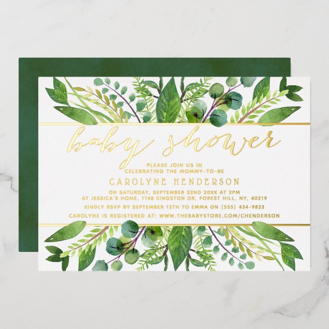 Invitación Con Relieve Metalizado Moda Verdor y Relieve metalizado dorado Neutral Ba (Anverso/Reverso)
