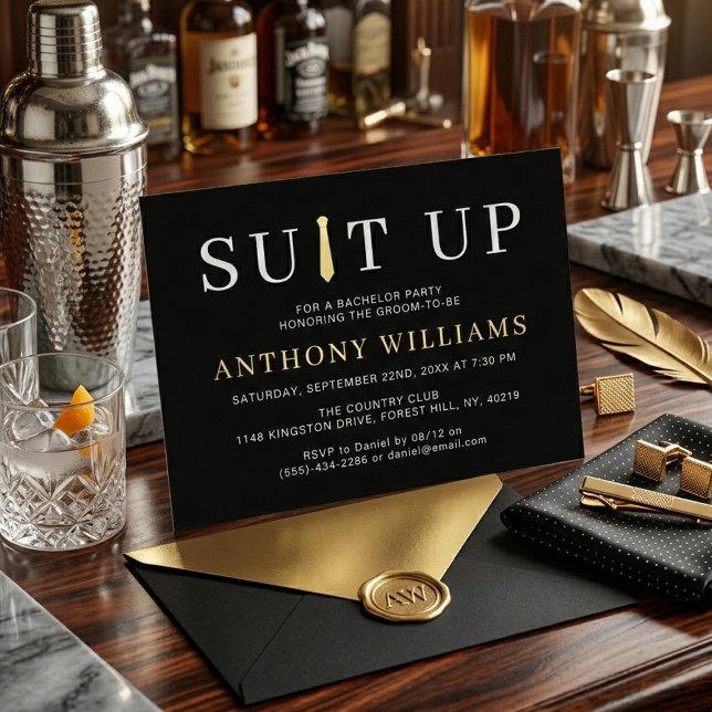 Invitación Con Relieve Metalizado Modern Black and Gold Suit Up Bachelor Party Real (Subido por el creador)