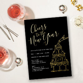 Invitación Con Relieve Metalizado Modern Black Cheers to the New Year Party 