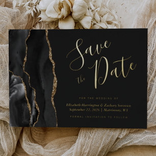 Invitación Con Relieve Metalizado Modern Black Gold Agate Save the Date