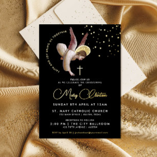 Invitación Con Relieve Metalizado Modern Black Gold Angel Baptism Faigraphy Calligra