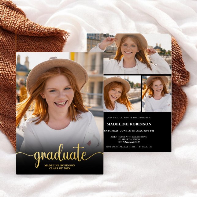 Invitación Con Relieve Metalizado Modern Black minimo 4 Photo script Graduación (Modern Black minimal 4 Photo script Graduation Foil Invitation)