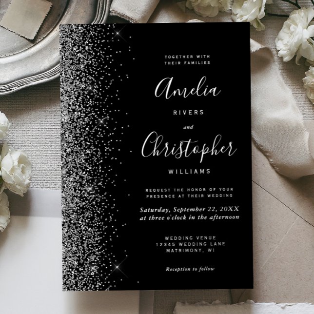 Invitación Con Relieve Metalizado Modern Black Silver Glitter Edge Wedding (Subido por el creador)