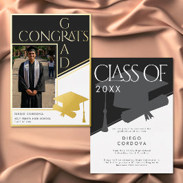 Invitación Con Relieve Metalizado Modern Black White Photo Foil Grad Announcement