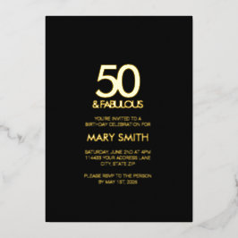 Invitación Con Relieve Metalizado Modern Bold Black Fifty and Fabulous 50th Birthday