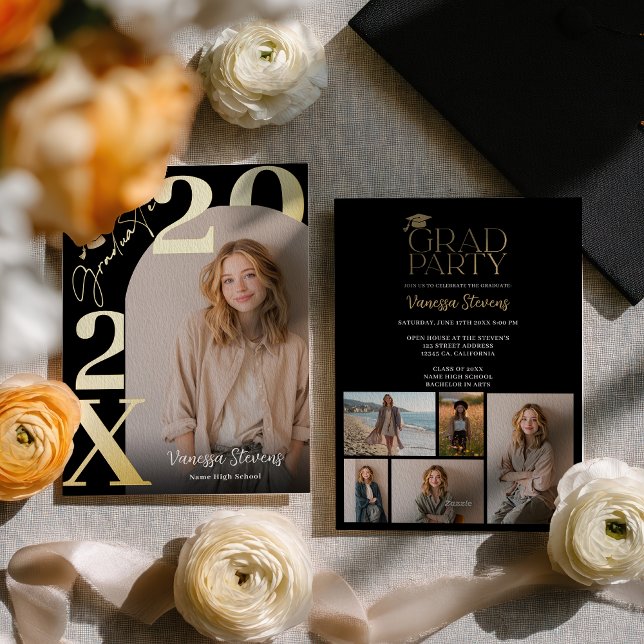 Invitación Con Relieve Metalizado Modern Bold Gold Black Trendy 6 photos graduation (Modern Bold Gold Black Trendy 6 photos graduation Foil Invitation)