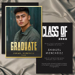 Invitación Con Relieve Metalizado Modern Bold Photo Graduation Foil Announcement<br><div class="desc">Make a statement with this modern bold Photo graduation nnouncement featuring a full photo layout and striking gold foil typography. Perfect for high school graduate or college graduate celebrations,  this minimalist graduation design highlights your senior portrait with a clean,  contemporary style that stands out. Created by Simply Farmhouse Press.</div>