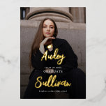 Invitación Con Relieve Metalizado Modern Brush Script Photo High School Graduation<br><div class="desc">Celebrate your achievement with this Modern Script Photo High School Graduation Invitation. Featuring elegant script,  luxurious foil accents,  and space for a cherished photo,  this sleek and stylish design adds a personal touch to your special milestone. Perfect for inviting family and friends to join in the celebration.</div>