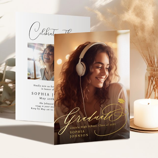 Invitación Con Relieve Metalizado Modern Calligraphy Photo Graduation Announcement (Modern Calligraphy Photo Graduation Announcement)