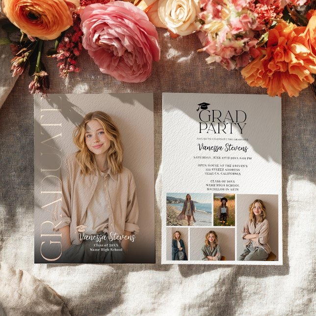 Invitación Con Relieve Metalizado Modern Casual  Simple Trendy 6 photos graduation (Modern Casual Simple Trendy 6 photos graduation Foil Invitation)
