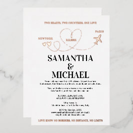 Invitación Con Relieve Metalizado Modern Destination Wedding Airplane Heart