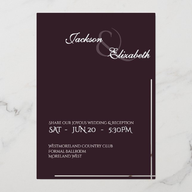 Invitación Con Relieve Metalizado Modern Elegant Luxury Plum Noir Wedding Silver (Anverso)