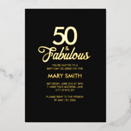 Invitación Con Relieve Metalizado Modern Fifty and Fabulous 50th Birthday Black Gold