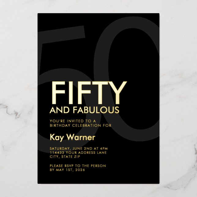 Invitación Con Relieve Metalizado Modern Fifty and Fabulous Bold 50th Birthday Party (Anverso)