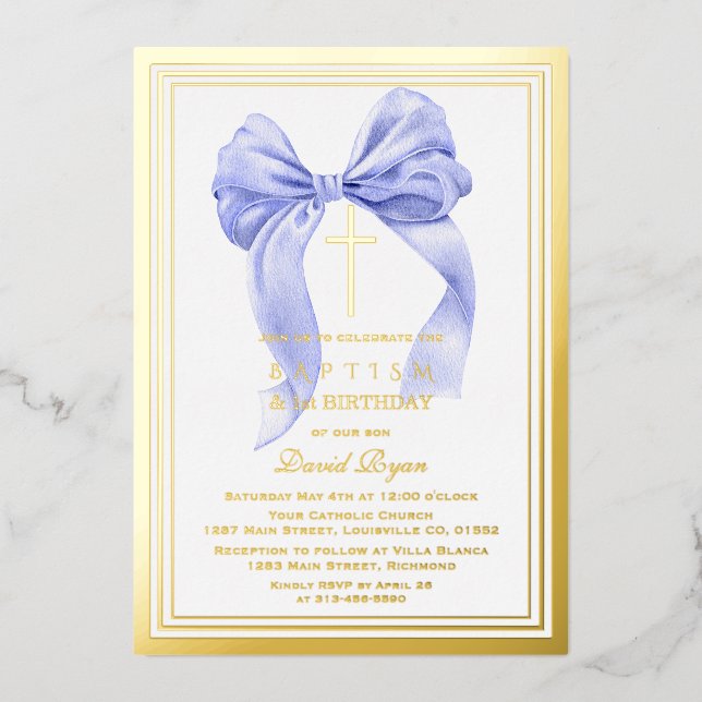 Invitación Con Relieve Metalizado Modern Gold Blue Bow Boy Bautismo de primer cumple (Anverso)