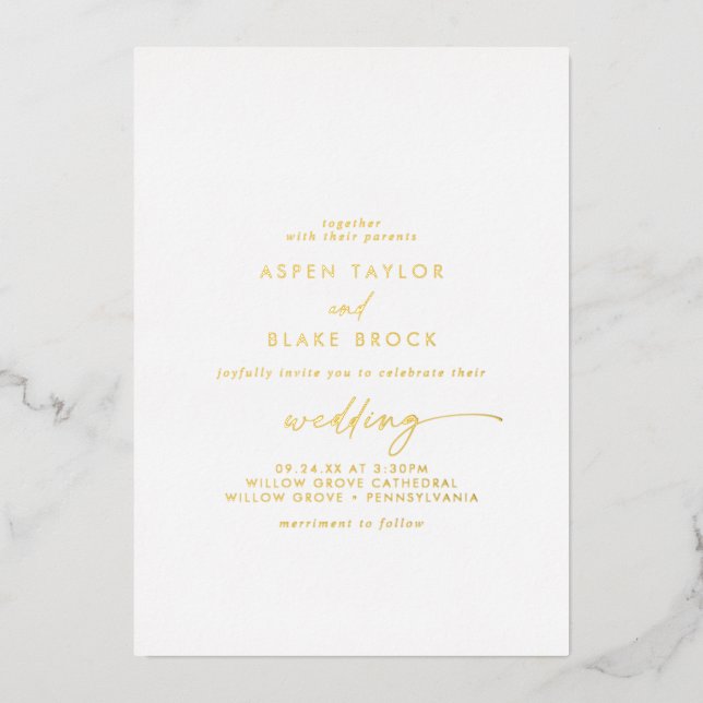 Invitación Con Relieve Metalizado Modern Gold Foil Script Couple & Parents Wedding (Anverso)