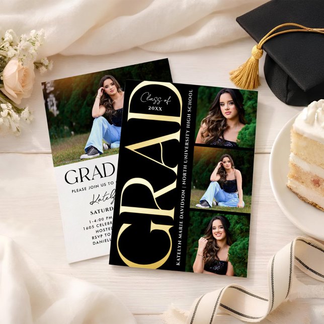 Invitación Con Relieve Metalizado Modern Gold Grad Multi Photo Graduation Party (Subido por el creador)