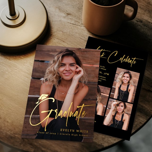 Invitación Con Relieve Metalizado Modern Grad Cap Script 4 Photo Simple Graduation (Modern Grad Cap Script 4 Photo Simple Graduation Foil Invitation)