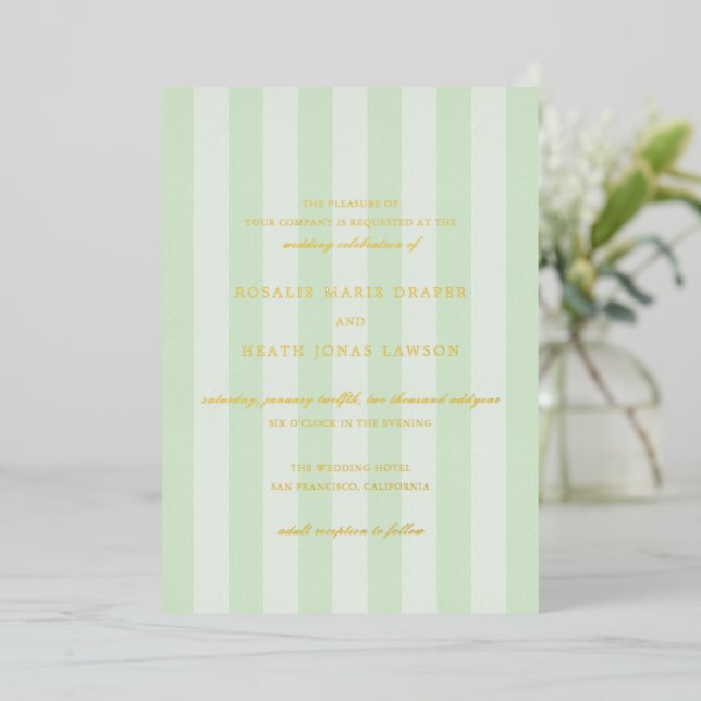 Invitación Con Relieve Metalizado Modern Green Stripes Elegant Wedding (Anverso de pie)
