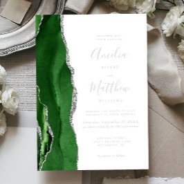Invitación Con Relieve Metalizado Modern Hunter Green Silver Agate Wedding