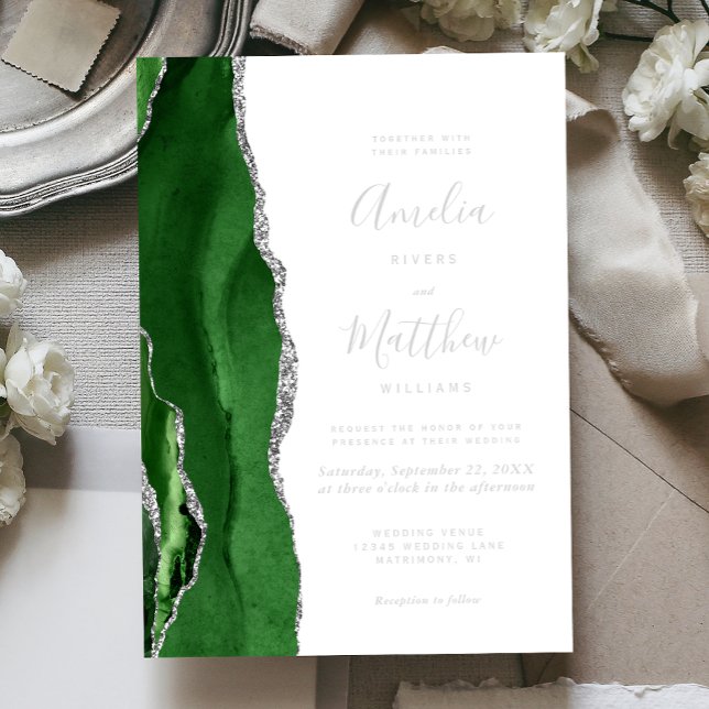Invitación Con Relieve Metalizado Modern Hunter Green Silver Agate Wedding (Subido por el creador)