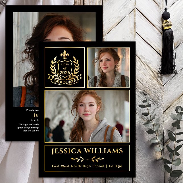 Invitación Con Relieve Metalizado Modern Laurels 3 Photo Class of 2026 Graduation  (Modern Laurels | Fleur de Lis Crest Graduate 3 Photo Graduation Announcement -Luxury Gold Foil)