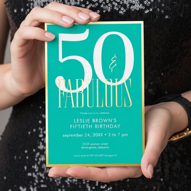 Invitación Con Relieve Metalizado Modern Minimal Aqua Fifty & Fabulous Birthday (Subido por el creador)