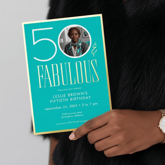 Invitación Con Relieve Metalizado Modern Minimal Aqua Fifty Fabulous Photo Birthday (Subido por el creador)