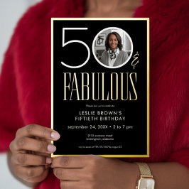Invitación Con Relieve Metalizado Modern Minimal Black Fifty Fabulous Photo Birthday