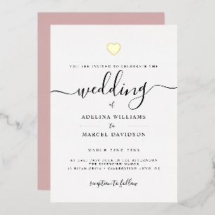 Invitación Con Relieve Metalizado Modern Minimal Calligraphy Gold Heart Boda