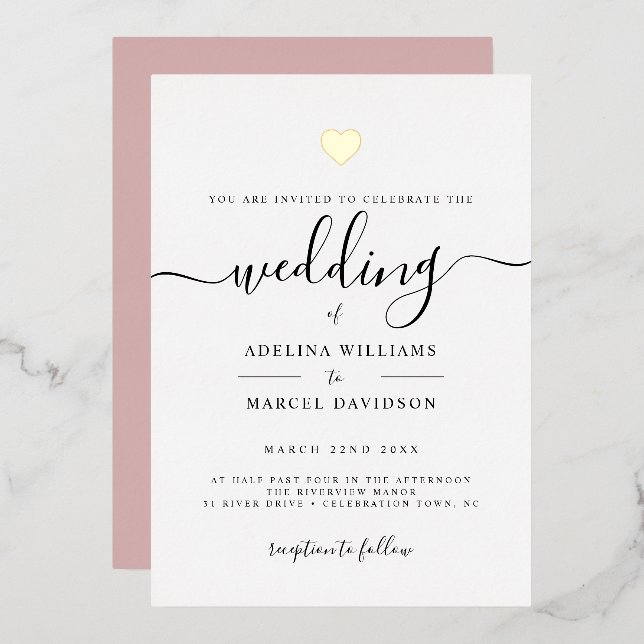 Invitación Con Relieve Metalizado Modern Minimal Calligraphy Gold Heart Boda (Anverso/Reverso)