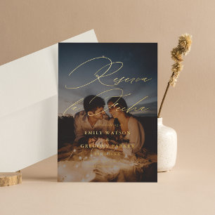 Invitación Con Relieve Metalizado Modern Minimal Calligraphy Photo Reserva la Fecha