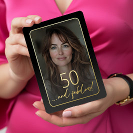 Invitación Con Relieve Metalizado Modern Minimal Fifty Fabulous Photo Black Birthday