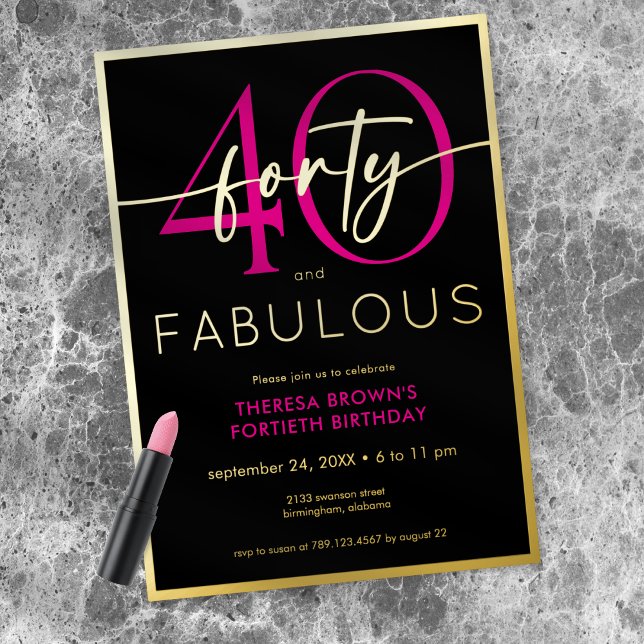 Invitación Con Relieve Metalizado Modern Minimal Pink Forty Fabulous Script Birthday (Subido por el creador)