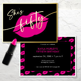 Invitación Con Relieve Metalizado Modern Minimal Pink Lips She's Fifty Birthday