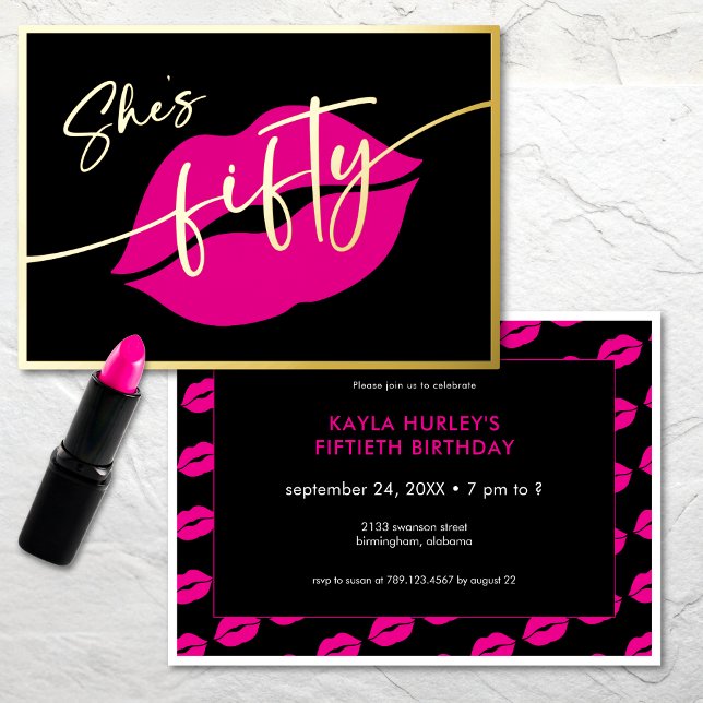 Invitación Con Relieve Metalizado Modern Minimal Pink Lips She's Fifty Birthday (Modern Minimal Pink Lips She's Fifty Birthday Foil Invitation)