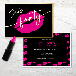 Invitación Con Relieve Metalizado Modern Minimal Pink Lips She's Forty Birthday