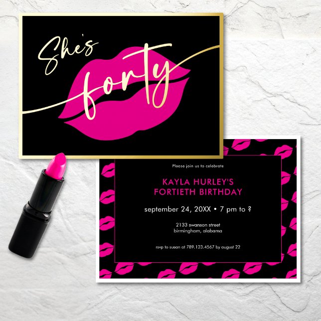 Invitación Con Relieve Metalizado Modern Minimal Pink Lips She's Forty Birthday (Modern Minimal Pink Lips She's Fifty Birthday Foil Invitation)