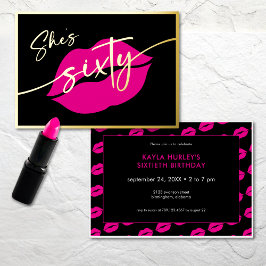 Invitación Con Relieve Metalizado Modern Minimal Pink Lips She's Sixty Birthday