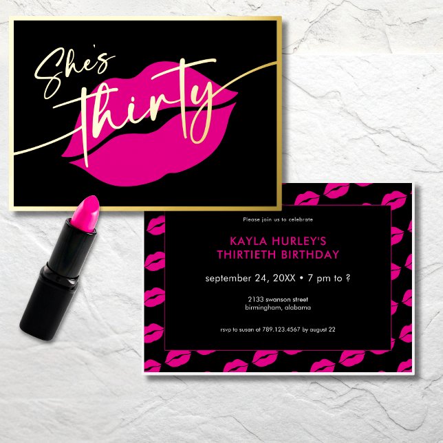 Invitación Con Relieve Metalizado Modern Minimal Pink Lips She's Thirty Birthday (Modern Minimal Pink Lips She's Thirty Birthday Foil Invitation)