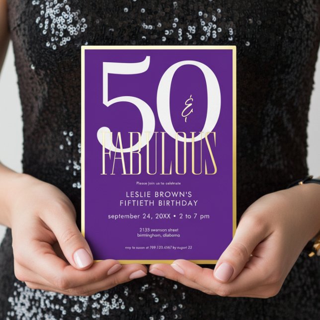 Invitación Con Relieve Metalizado Modern Minimal Purple Fifty & Fabulous Birthday (Subido por el creador)